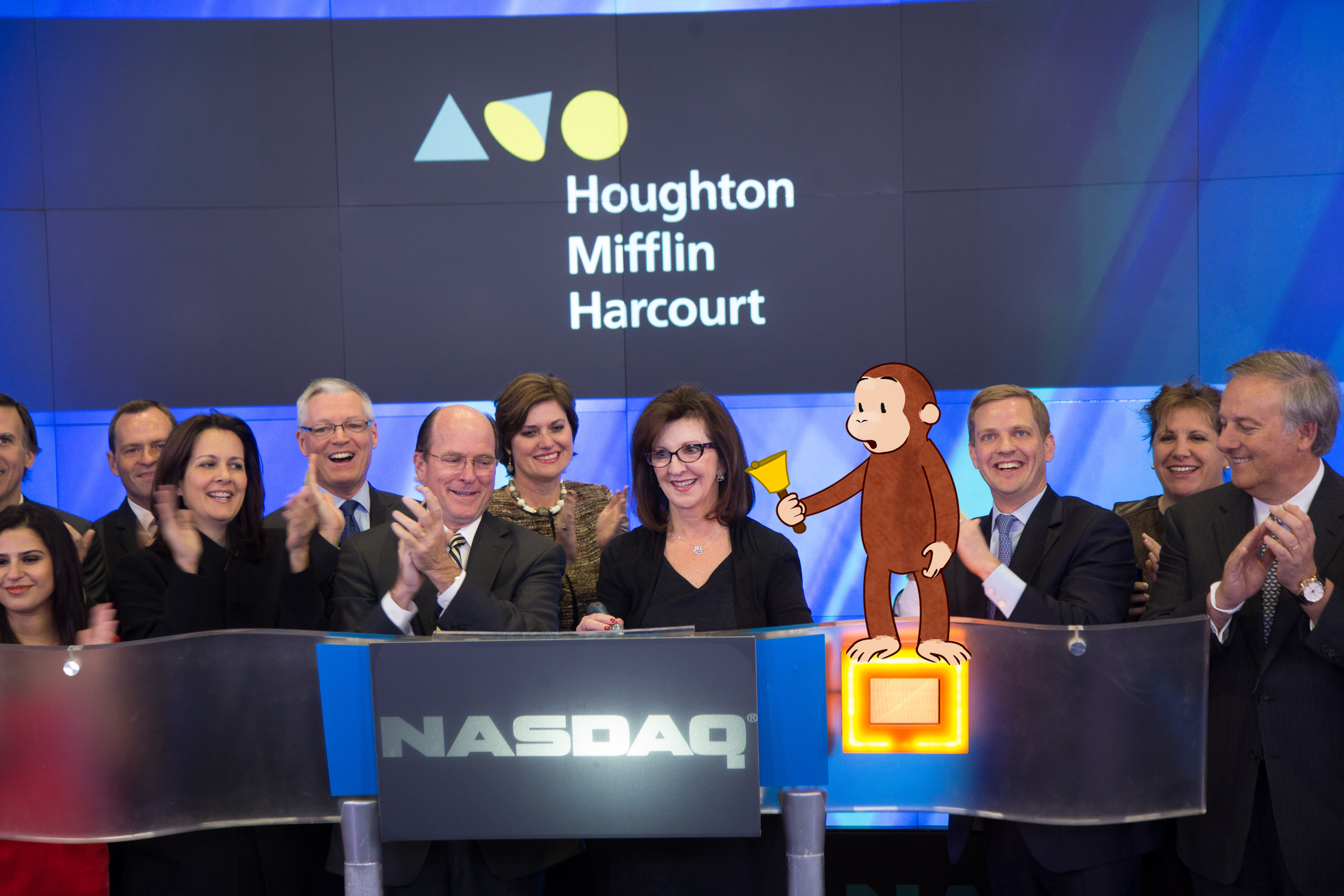 2013 IPO at NASDAQ. Curious George rings the bell with HMH CEO Linda Zecher and Executive Leadership
